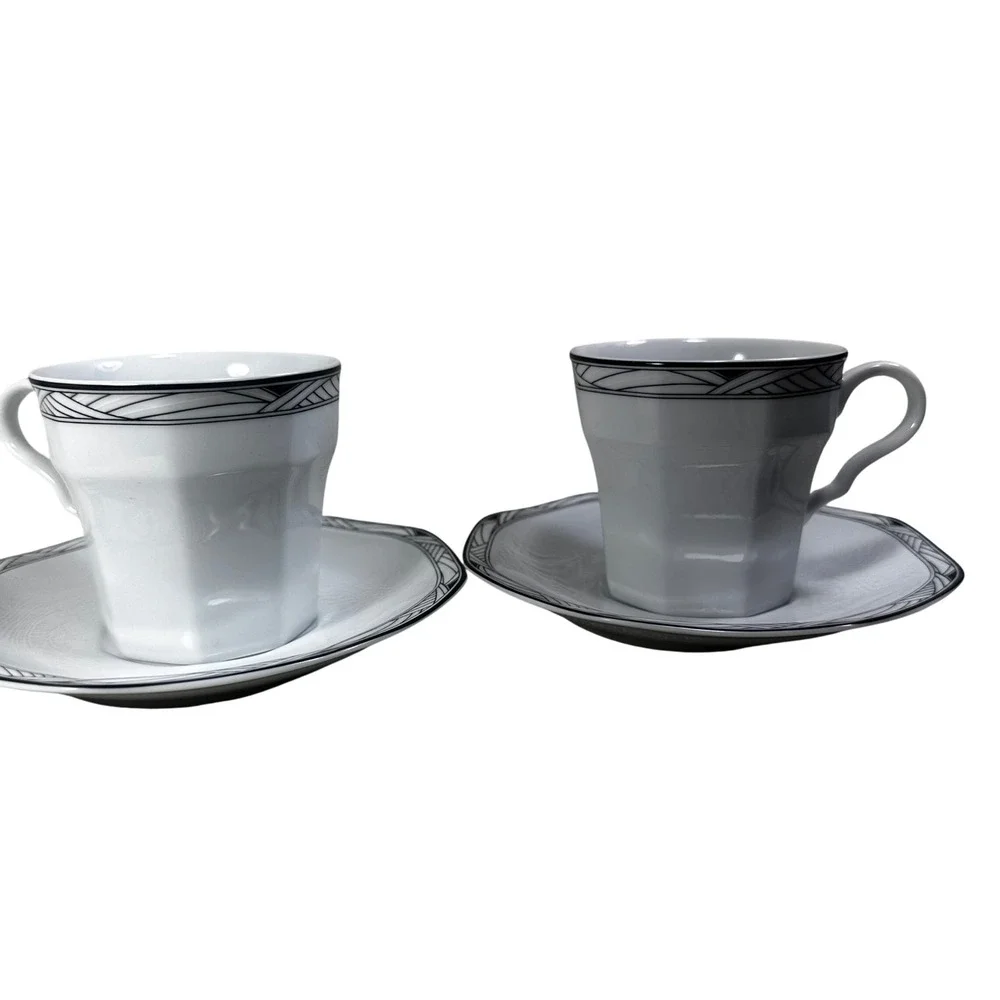 Studio Nova Synthesis Y0031 Octagonal Tea Cup Saucer Set Black Grey White 2pc